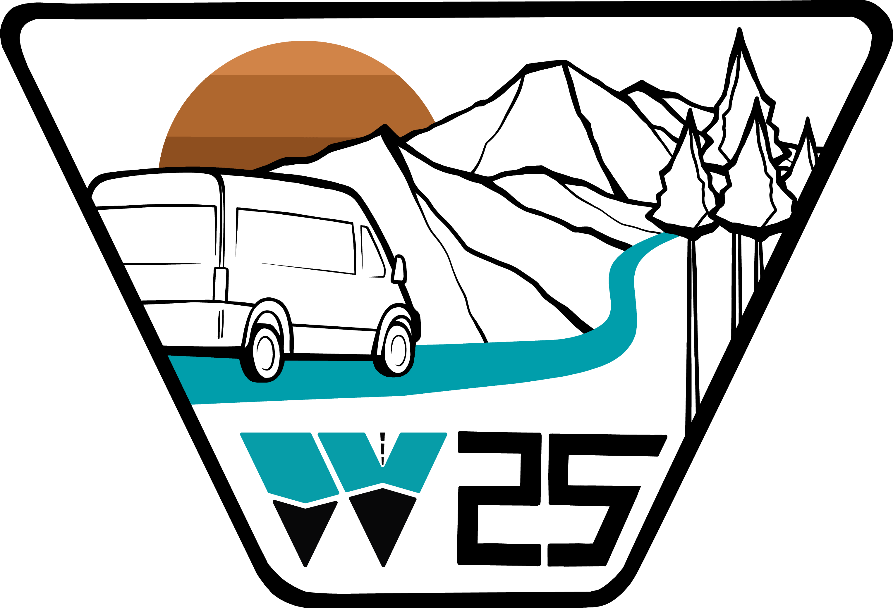Wayfarer 25 Patch - graphic of van set against mountains and trees with a bronze sun setting on the horizon